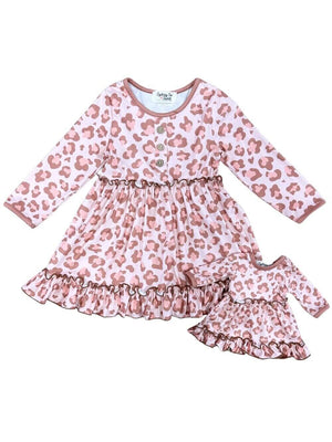 Doll & Me - Blush Leopard Ruffle Tiered Long Sleeve Dress - Sydney So Sweet
