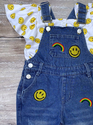 Don't Worry Be Happy Smiley Face Patch Denim Overalls Girls Outfit - Sydney So Sweet