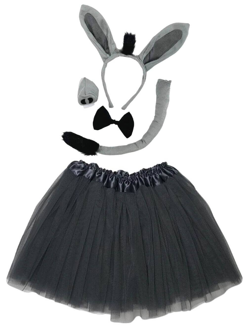 Girls gray donkey tutu costume with ears, tail, bow tie and snout