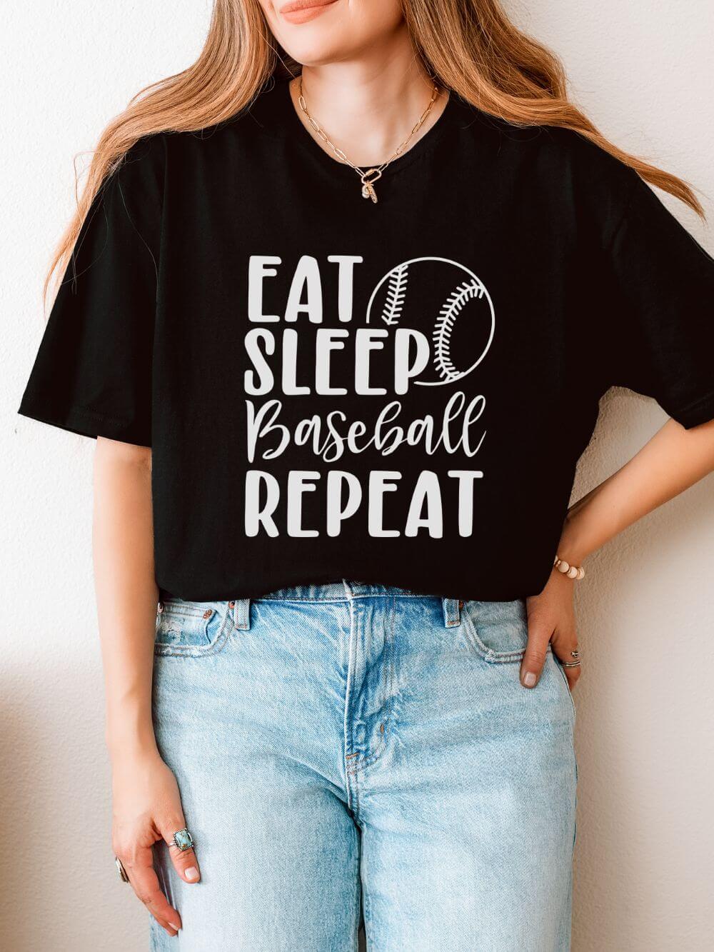 Eat Sleep Baseball Repeat Graphic T-Shirt Cute Sports Mom Tee (12 Team Colors)