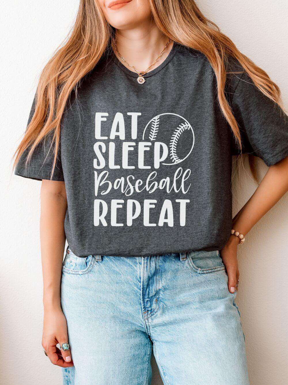 Eat Sleep Baseball Repeat Graphic T-Shirt Cute Sports Mom Tee (12 Team Colors)