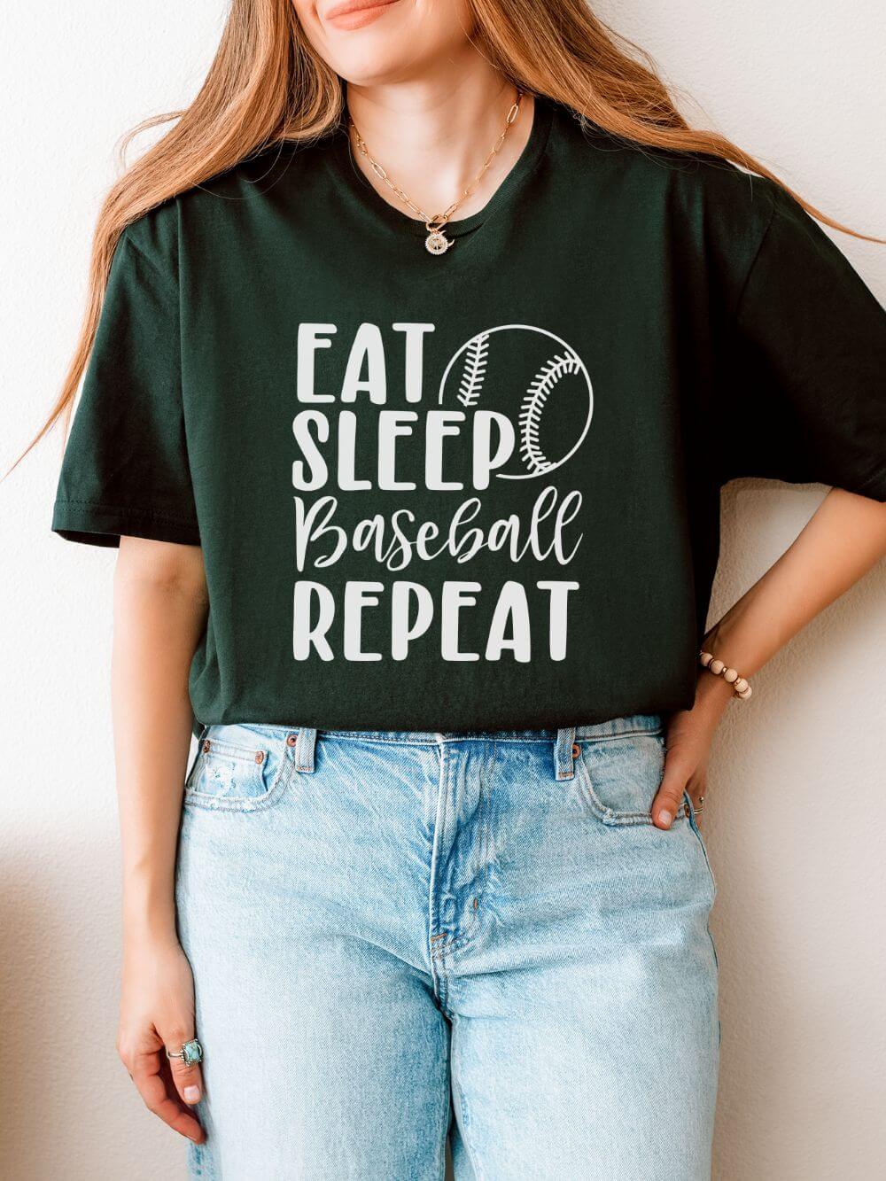 Eat Sleep Baseball Repeat Graphic T-Shirt Cute Sports Mom Tee (12 Team Colors)