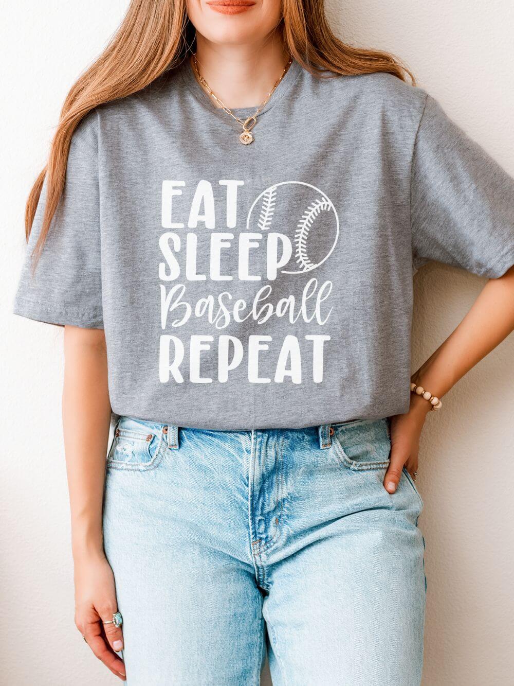 Eat Sleep Baseball Repeat Graphic T-Shirt Cute Sports Mom Tee (12 Team Colors)