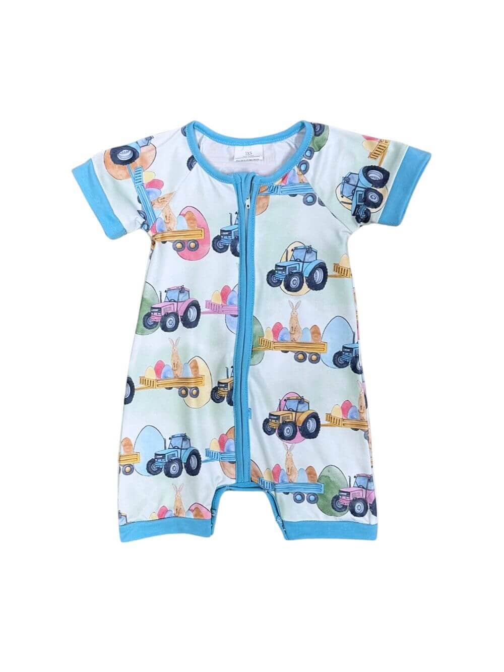 Egg Farm Boys Blue Trim Easter Romper - Sydney So Sweet