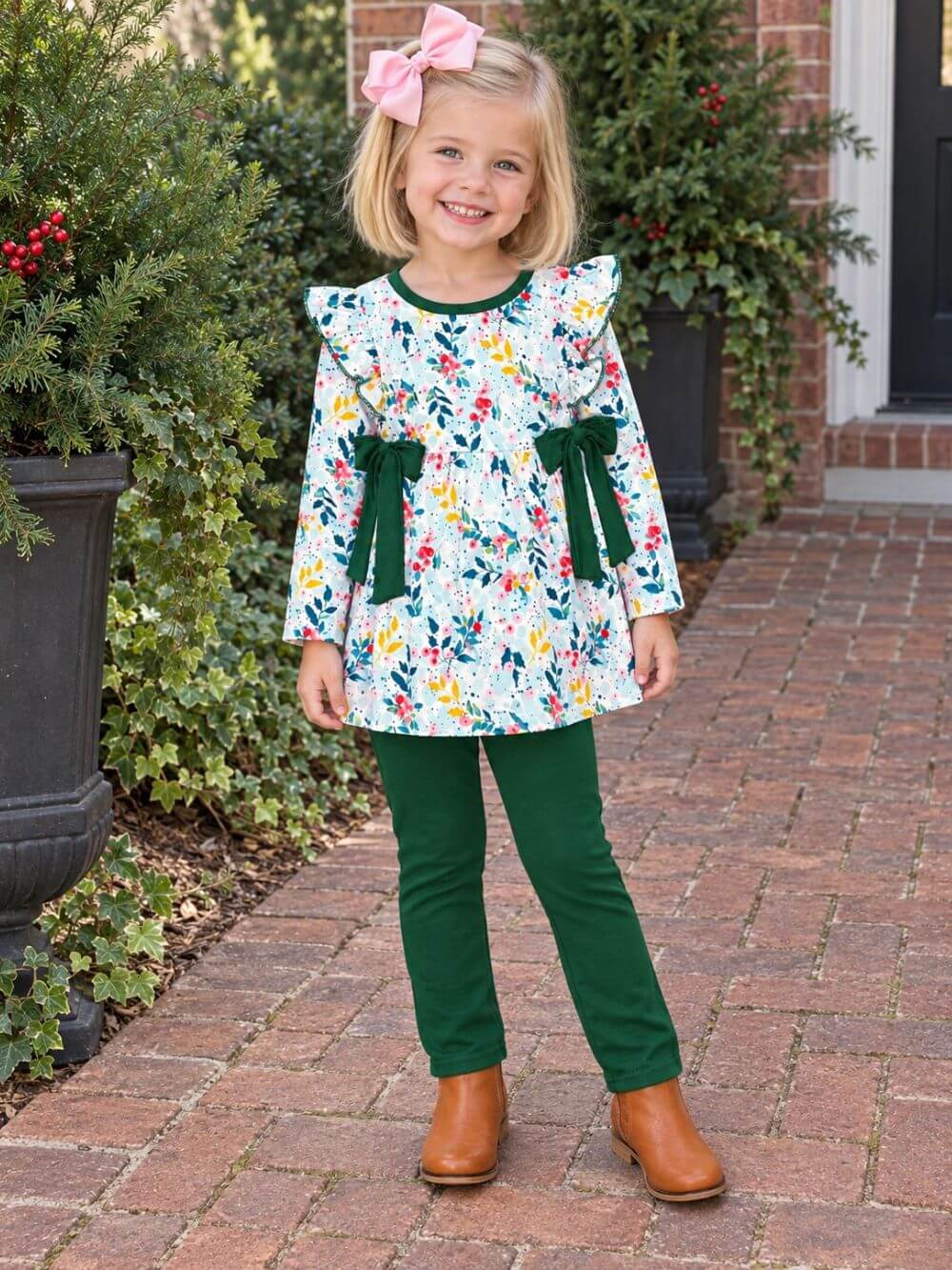 Evergreen Floral Girls Long Sleeve Tunic Outfit