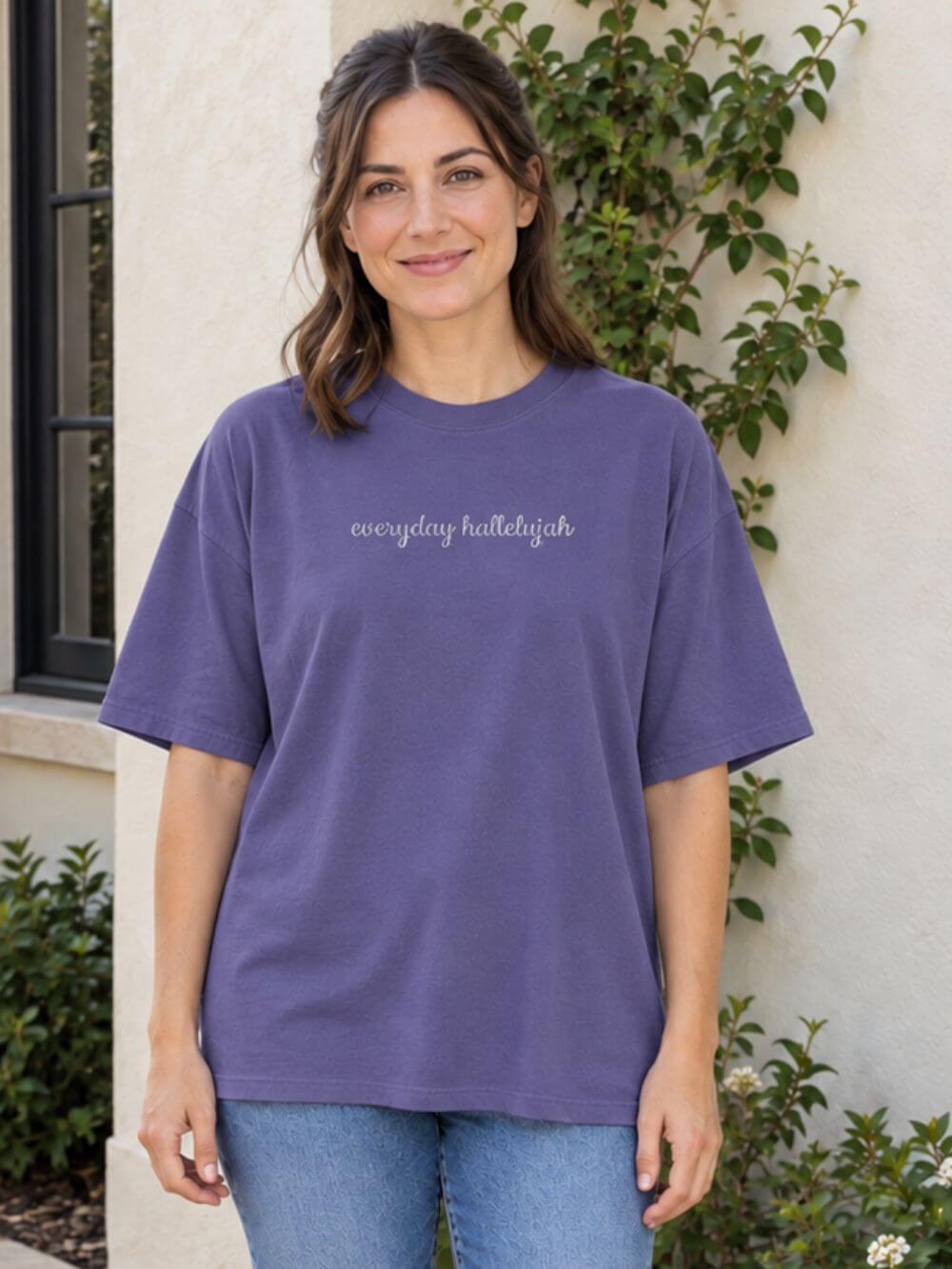 Everyday Hallelujah Embroidered Script Tee Christian Inspirational T-Shirt