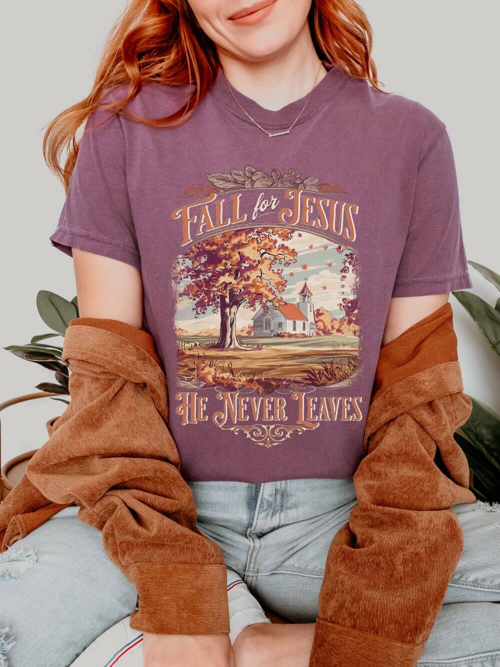 Fall For Jesus He Never Leaves Fall T-Shirt Vintage Church Christian Graphic Tee