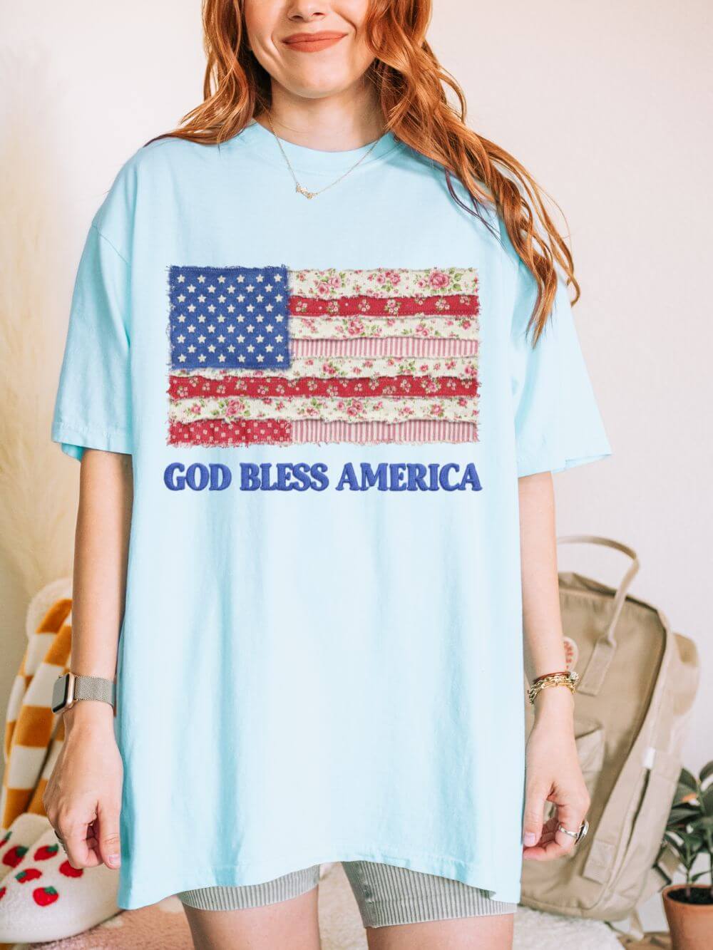 God Bless America Faux Fabric Flag T-Shirt Patriotic Graphic Tee