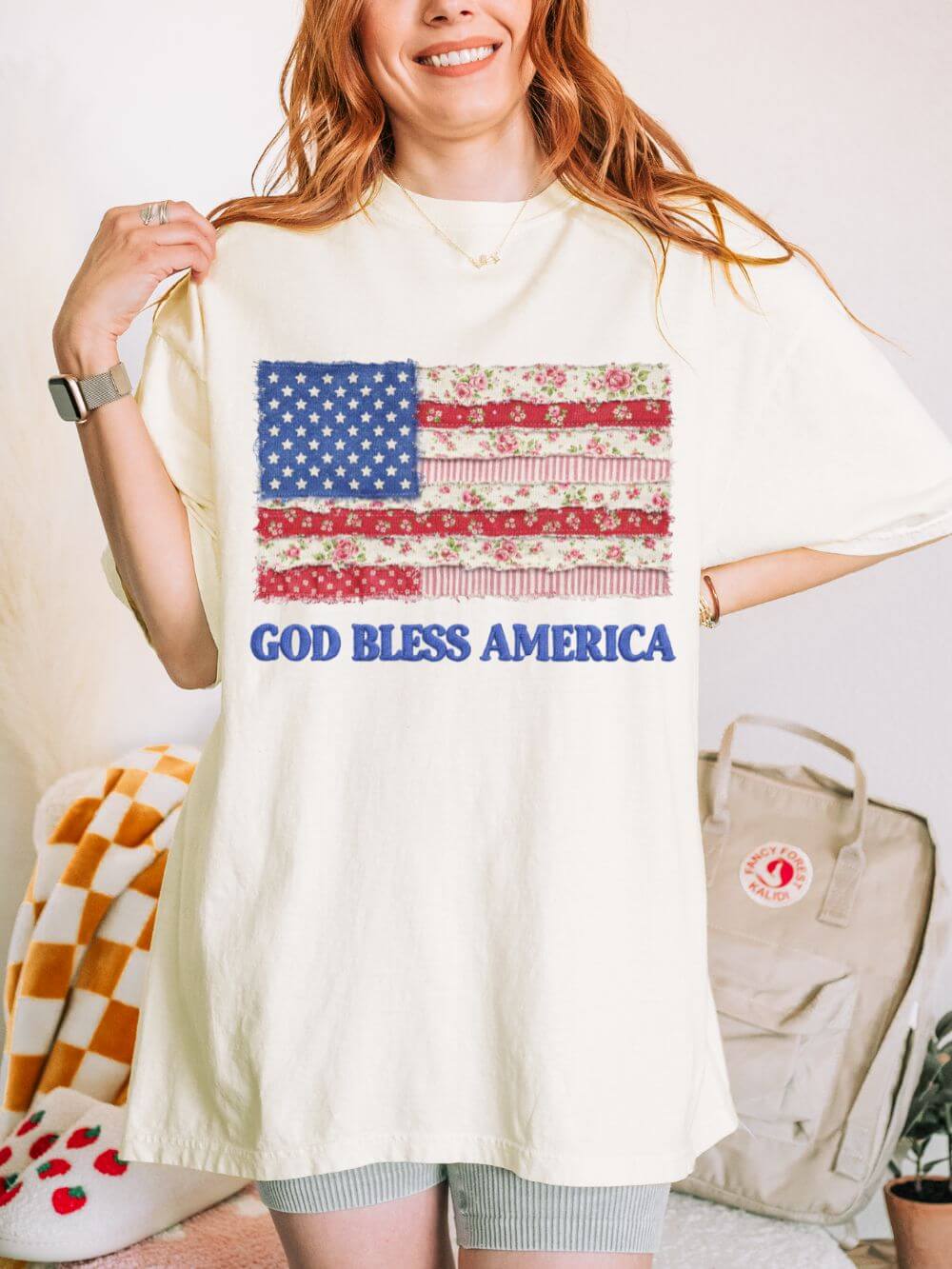 God Bless America Faux Fabric Flag T-Shirt Patriotic Graphic Tee