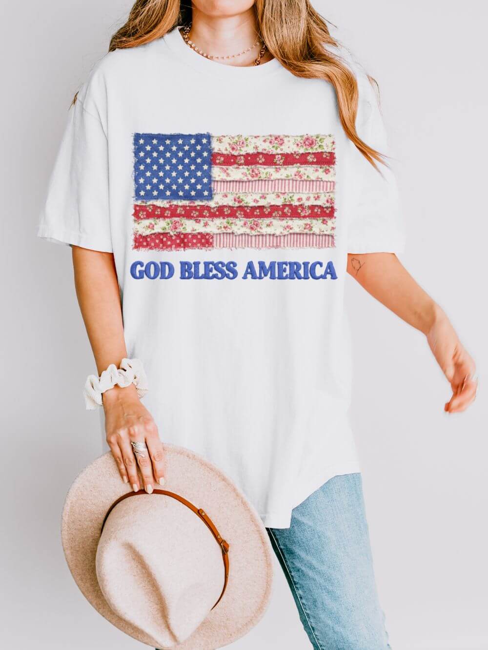 God Bless America Faux Fabric Flag T-Shirt Patriotic Graphic Tee