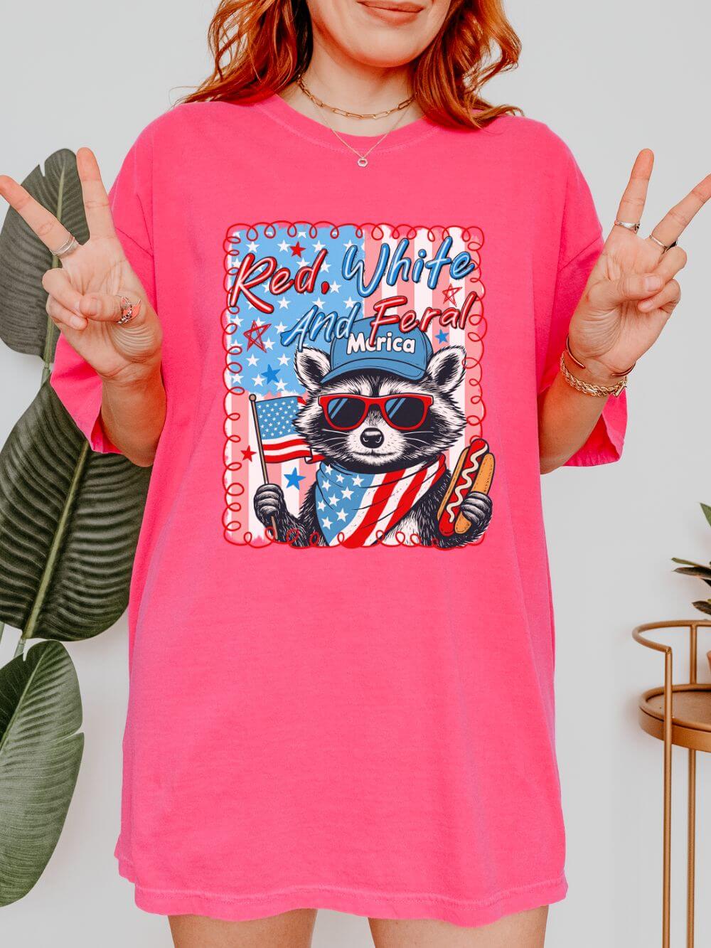 Red White & Feral Summer Unisex Tee Comfort Colors 4th of July Patriotic Racoon Graphic T-Shirt - Sydney So Sweet