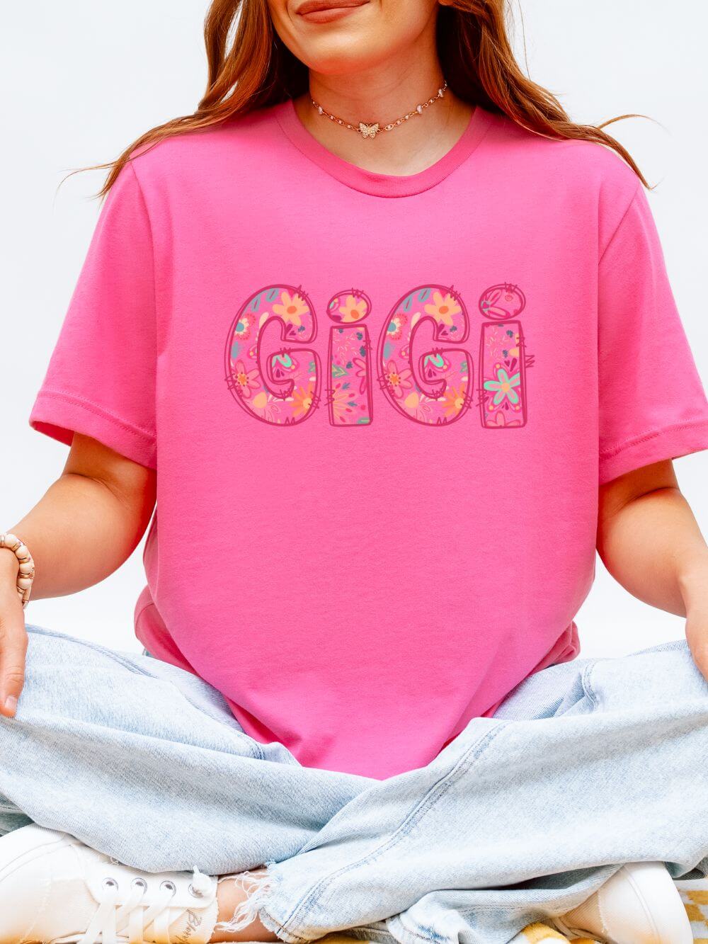 Gigi Boho Pink Floral Graphic T‑Shirt Flower Pattern Grandmother Tee