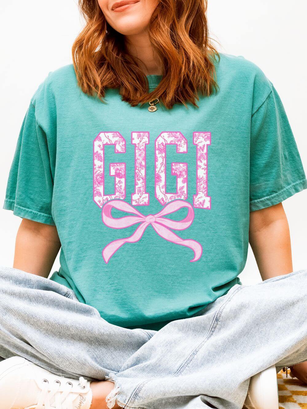 Gigi Coquette Pink Toile Bow T-Shirt Cute Grandmother Graphic Tee