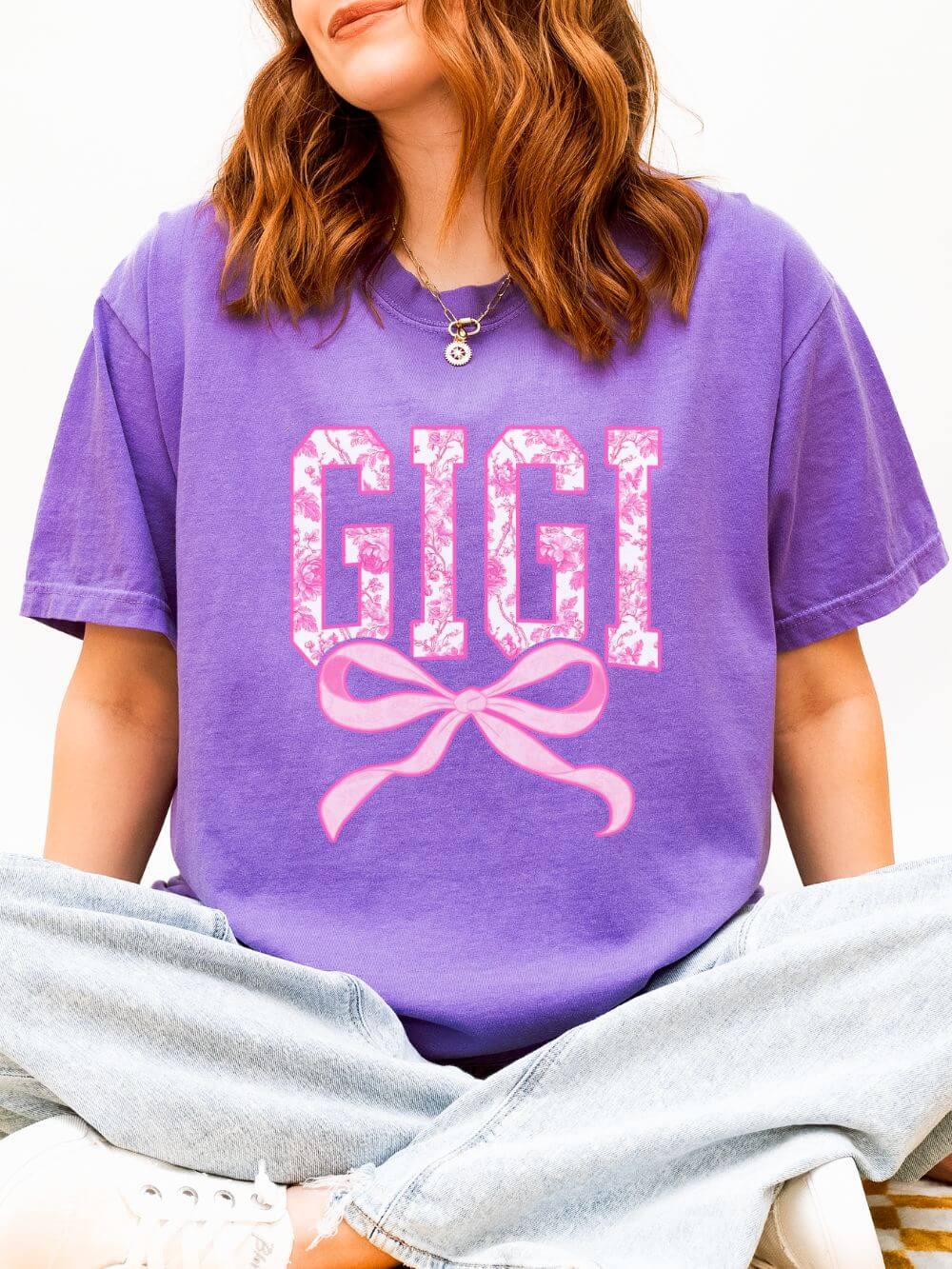 Gigi Coquette Pink Toile Bow T-Shirt Cute Grandmother Graphic Tee