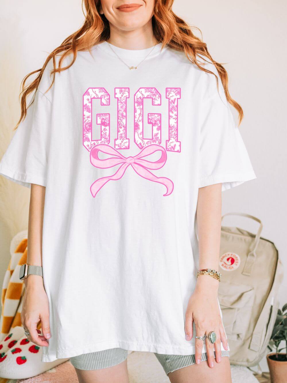 Gigi Coquette Pink Toile Bow T-Shirt Cute Grandmother Graphic Tee