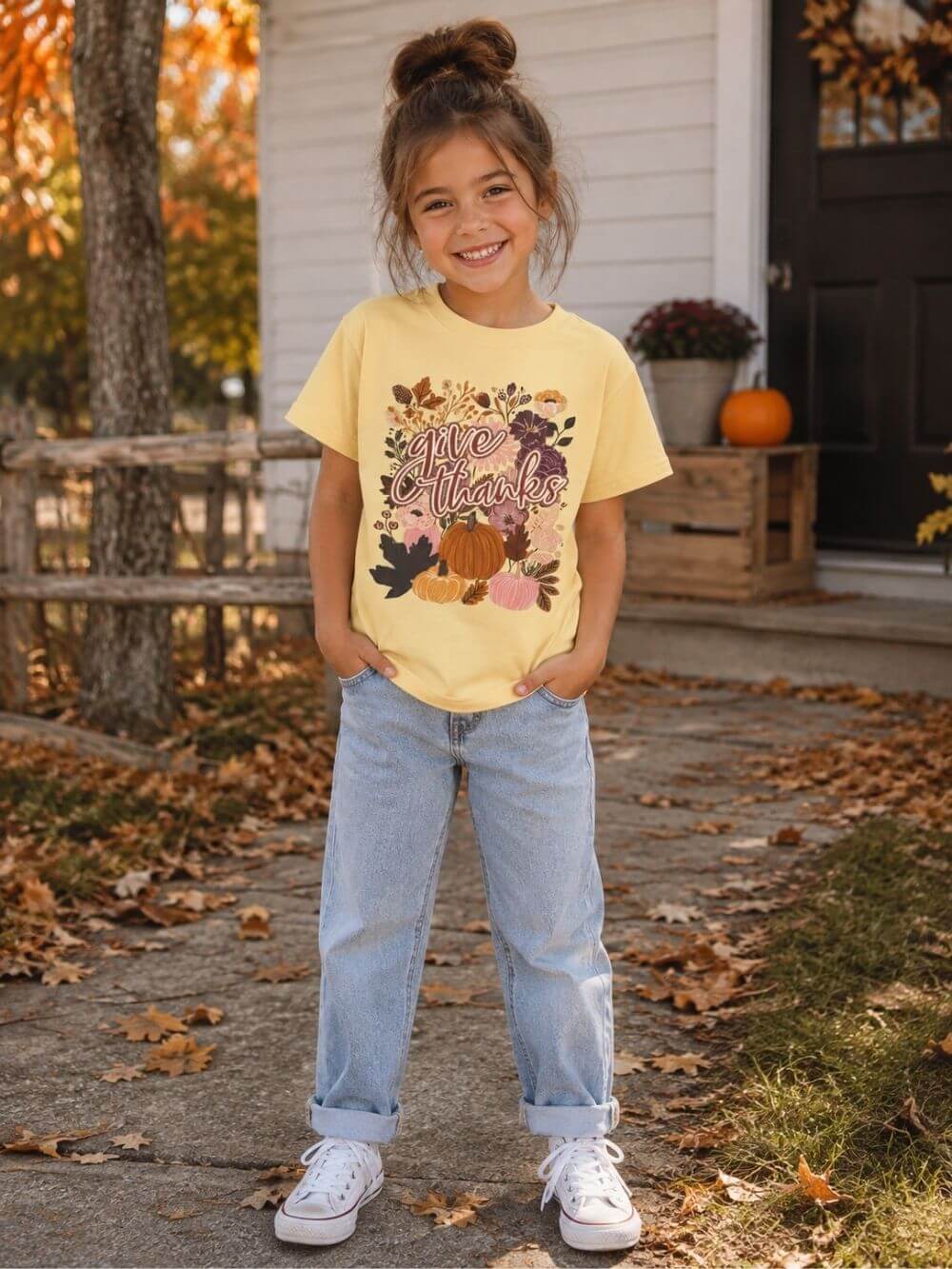 Give Thanks T-Shirt Fall Pumpkin Thanksgiving Kids Graphic Tee