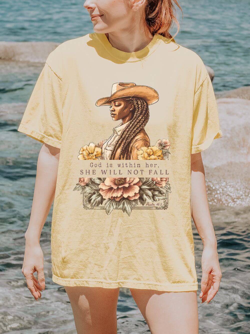 God is With Her She Will Not Fall T-Shirt Floral Cowgirl Empowerment Tee