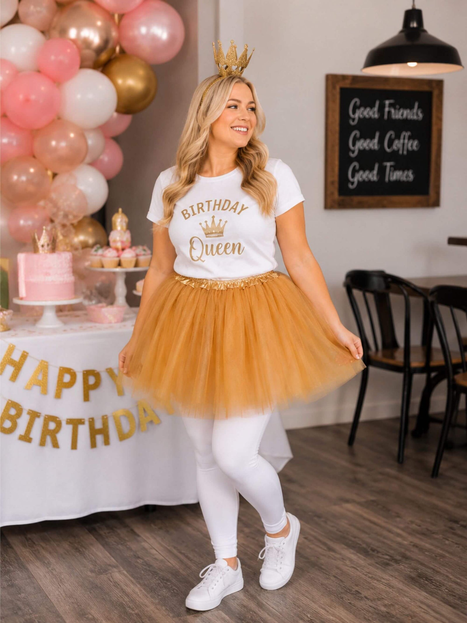 Women's Gold Princess Costume Set for Adults & Plus Size – Tutu Skirt & Crown Headband, Royal Outfit for Halloween, Cosplay