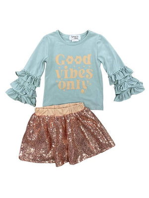 Good Vibes Only Mint & Gold Sequin Girls Skirt Outfit - Sydney So Sweet