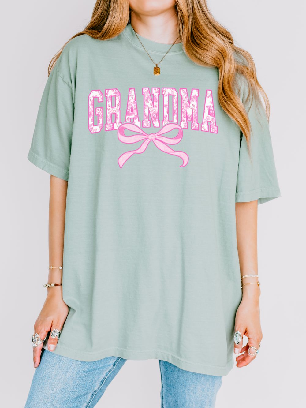 Grandma Coquette Pink Toile Bow T-Shirt Cute Grandmother Graphic Tee