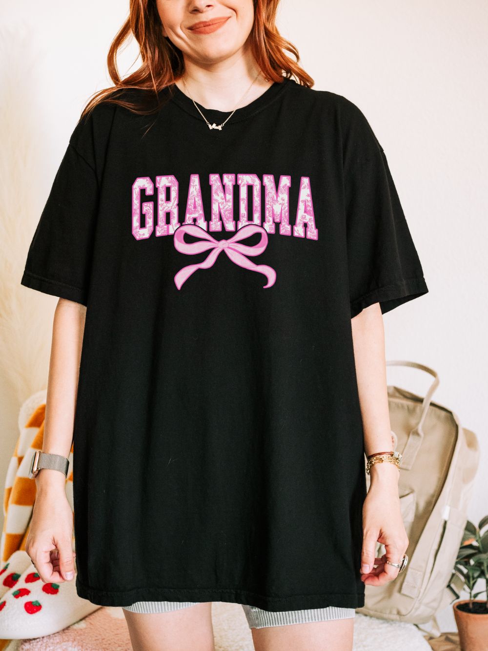 Grandma Coquette Pink Toile Bow T-Shirt Cute Grandmother Graphic Tee