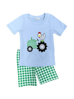 Green Farm Tractor Boys Plaid Shorts Outfit - Sydney So Sweet