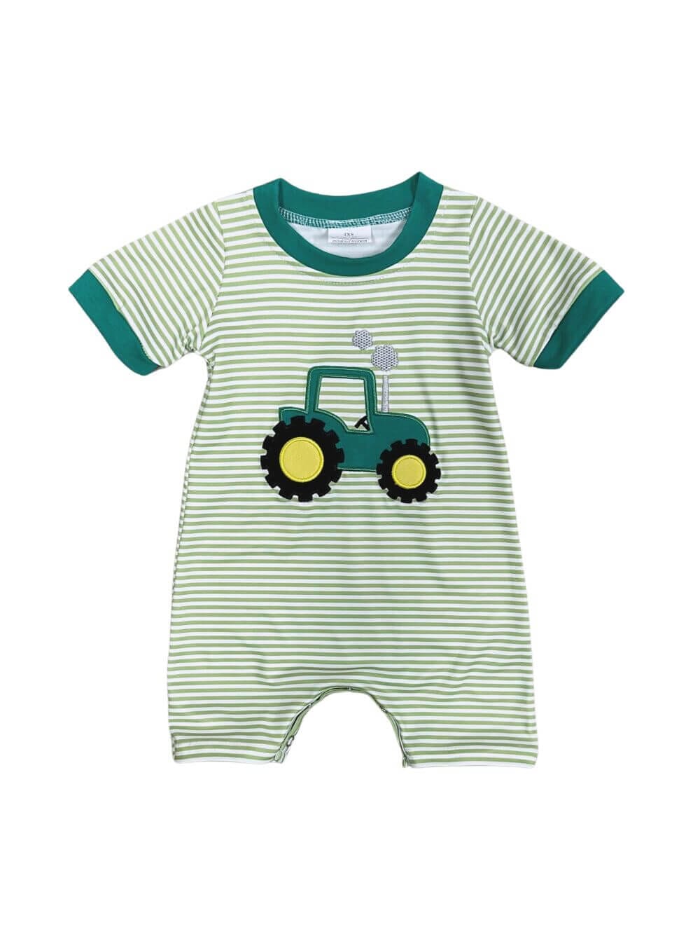 Green Tractor Time Boys Striped Baby Romper - Sydney So Sweet