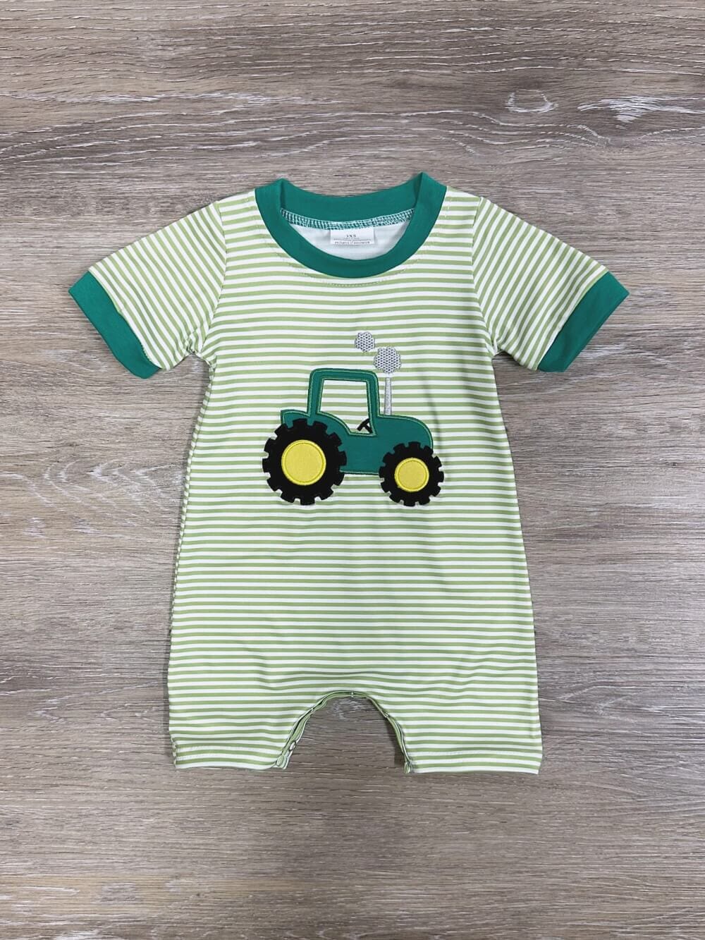Green Tractor Time Boys Striped Baby Romper - Sydney So Sweet