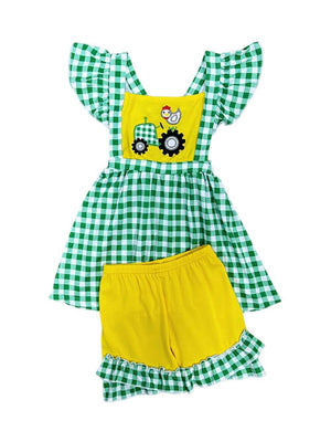 Green & Yellow Farm Tractor Girls Gingham Plaid Shorts Outfit - Sydney So Sweet