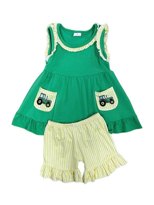 Green & Yellow Farm Tractor Girls Ruffle Tunic Shorts Outfit - Sydney So Sweet