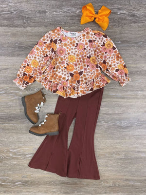 Groovy Fall Floral Girls Bell Bottom Outfit - Sydney So Sweet