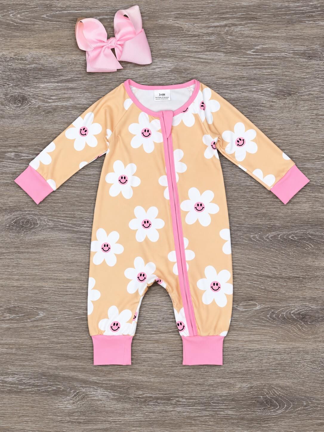 Groovy Retro Daisy Baby Zip Up Baby Romper