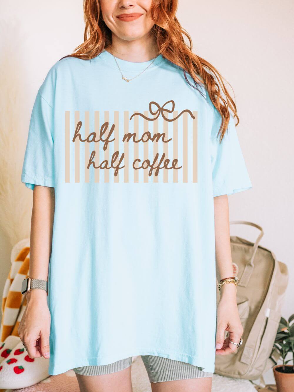 Half Mom Half Coffee Graphic T-Shirt Mom Life Stripe & Bow Tee