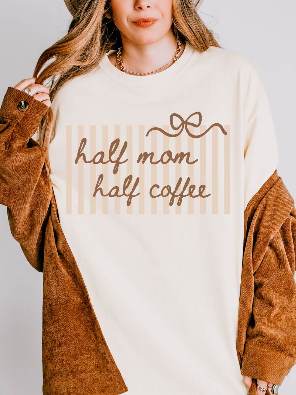 Half Mom Half Coffee Graphic T-Shirt Mom Life Stripe & Bow Tee