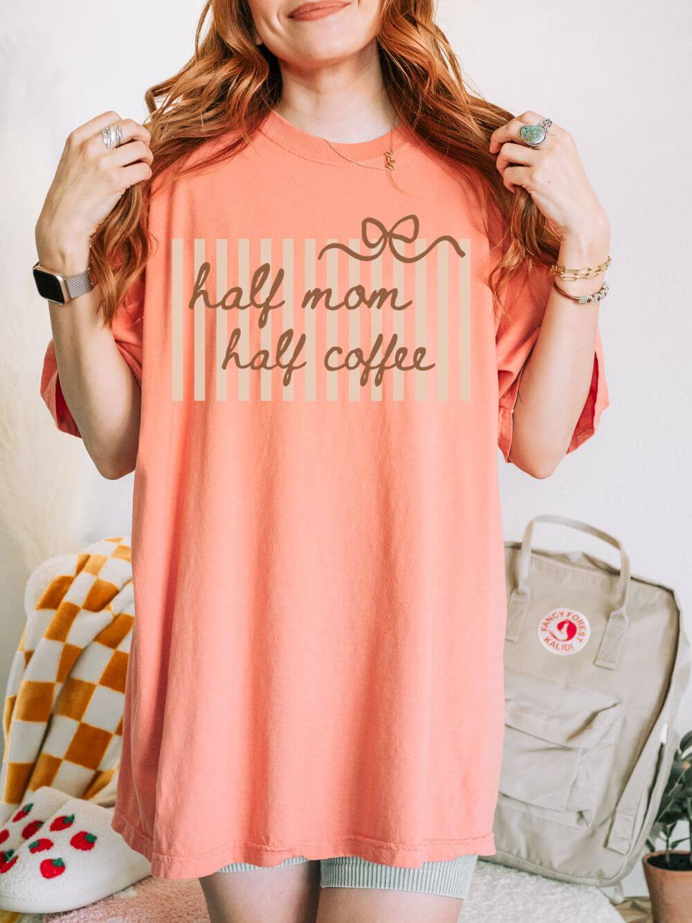 Half Mom Half Coffee Graphic T-Shirt Mom Life Stripe & Bow Tee