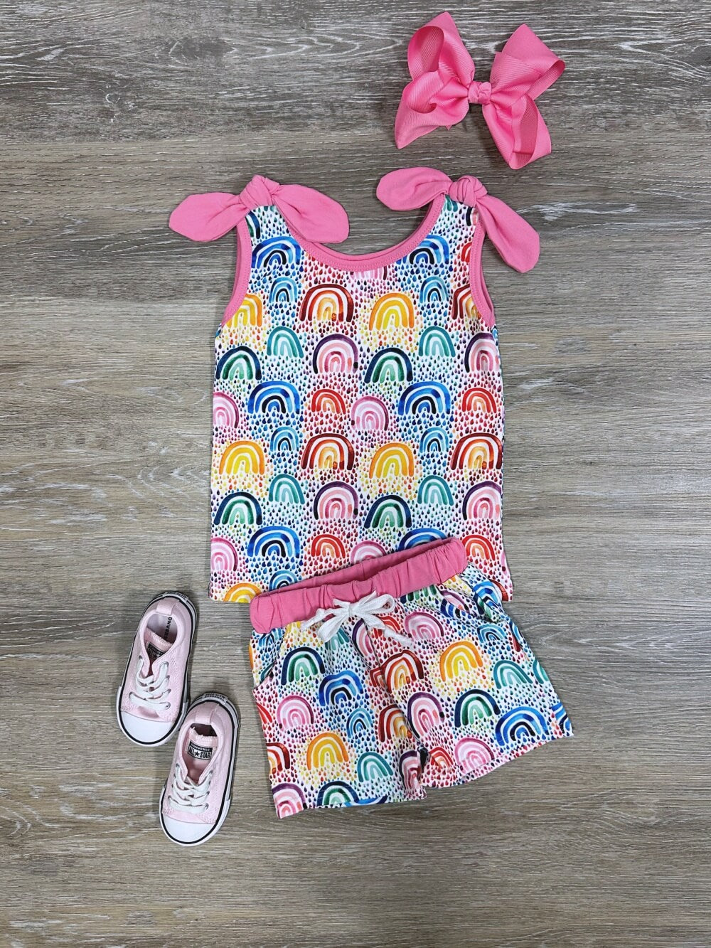 Happy Vibes Girls Rainbow Tank Top & Shorts Outfit - Sydney So Sweet