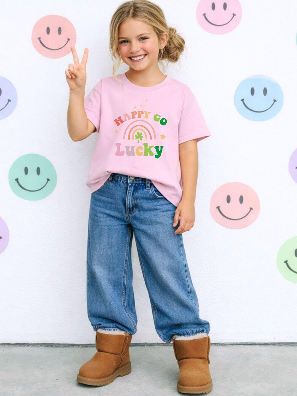Happy Go Lucky Rainbow Shamrock Youth Tee Cute St. Patrick's Day Kids T-Shirt