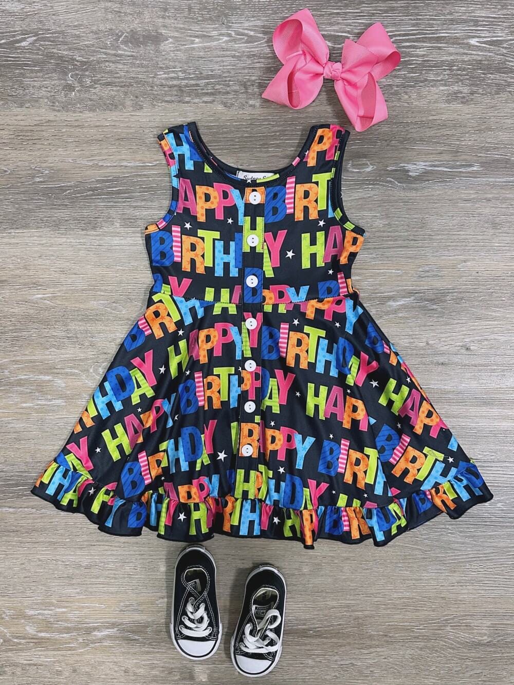 Happy Happy Birthday Rainbow Black Tank Girls Skater Dress - Sydney So Sweet