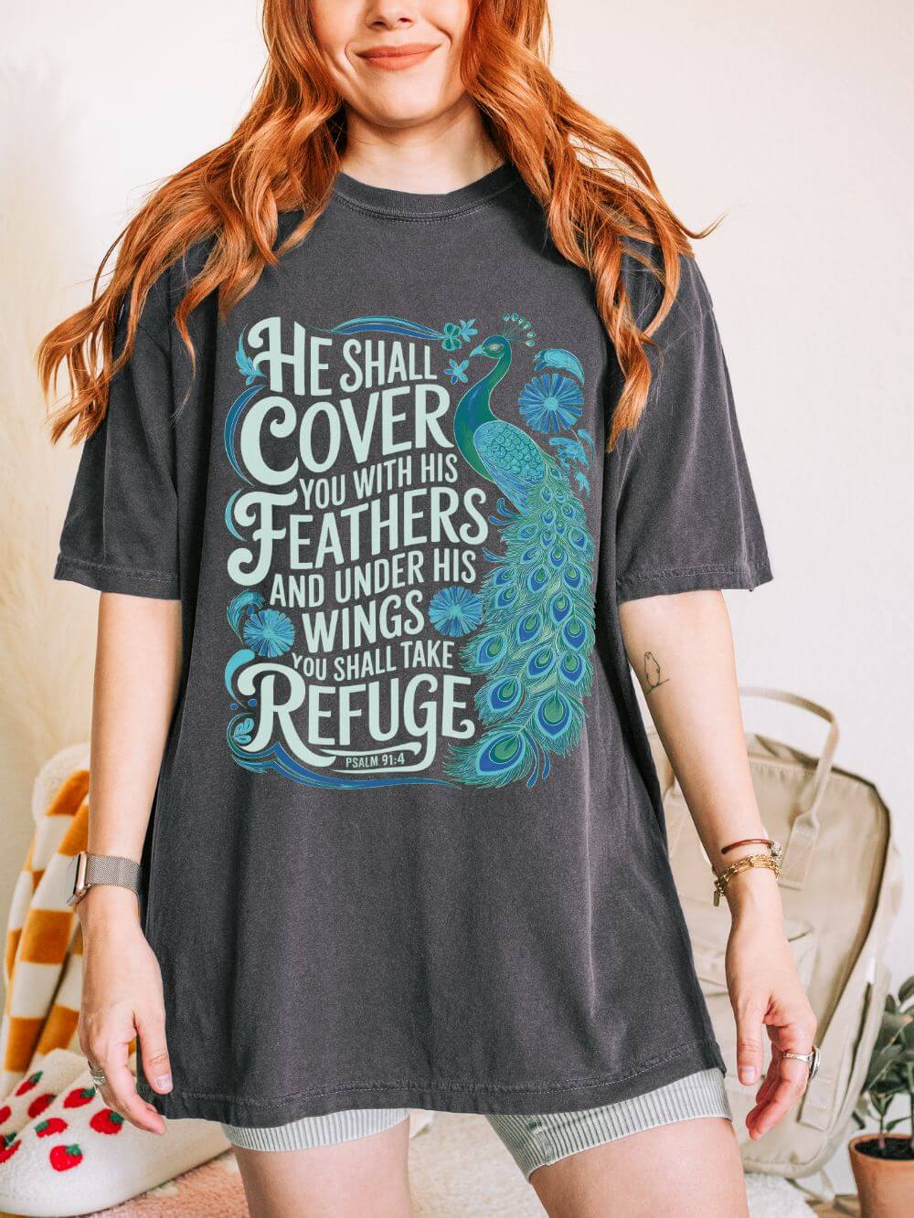 He Shall Cover Feathers T-Shirt Christian Scripture Peacock Refuge Tee