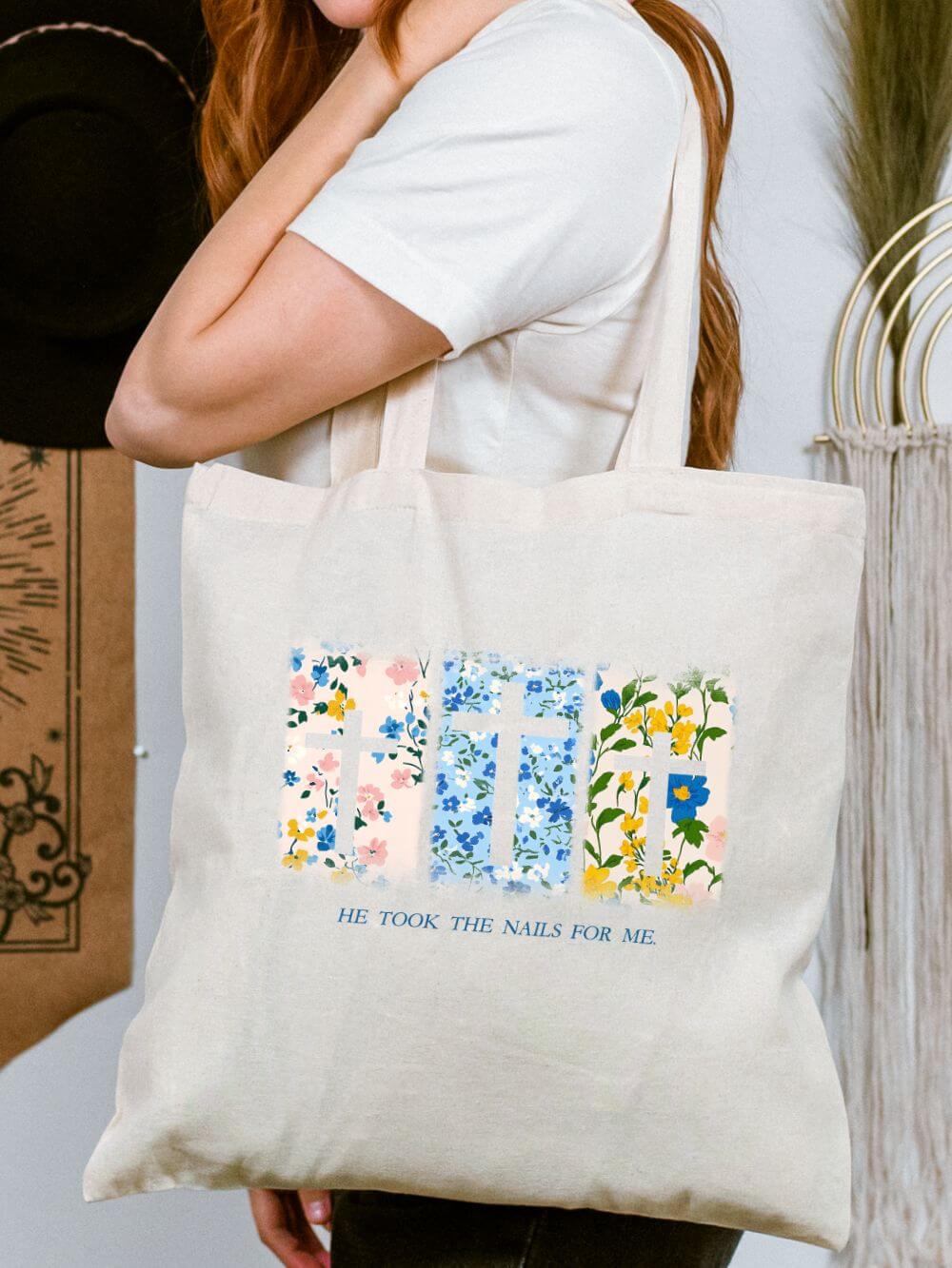 He Took the Nails for Me Christian Cross Cotton Canvas Floral Tote Bag