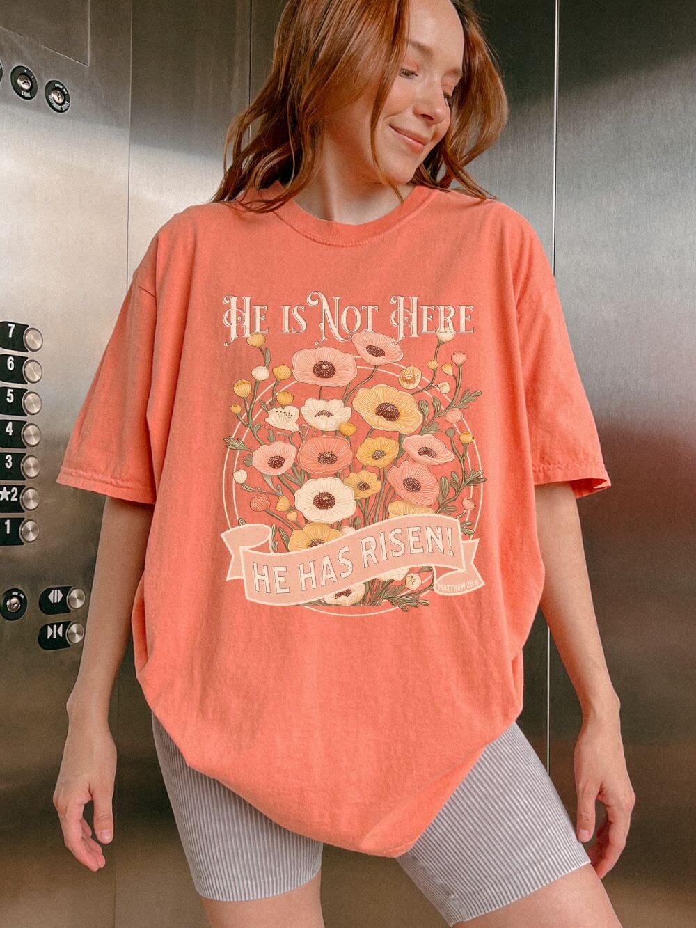 He Is Not Here He Has Risen Floral Unisex Easter T-Shirt Distressed Christian Tee