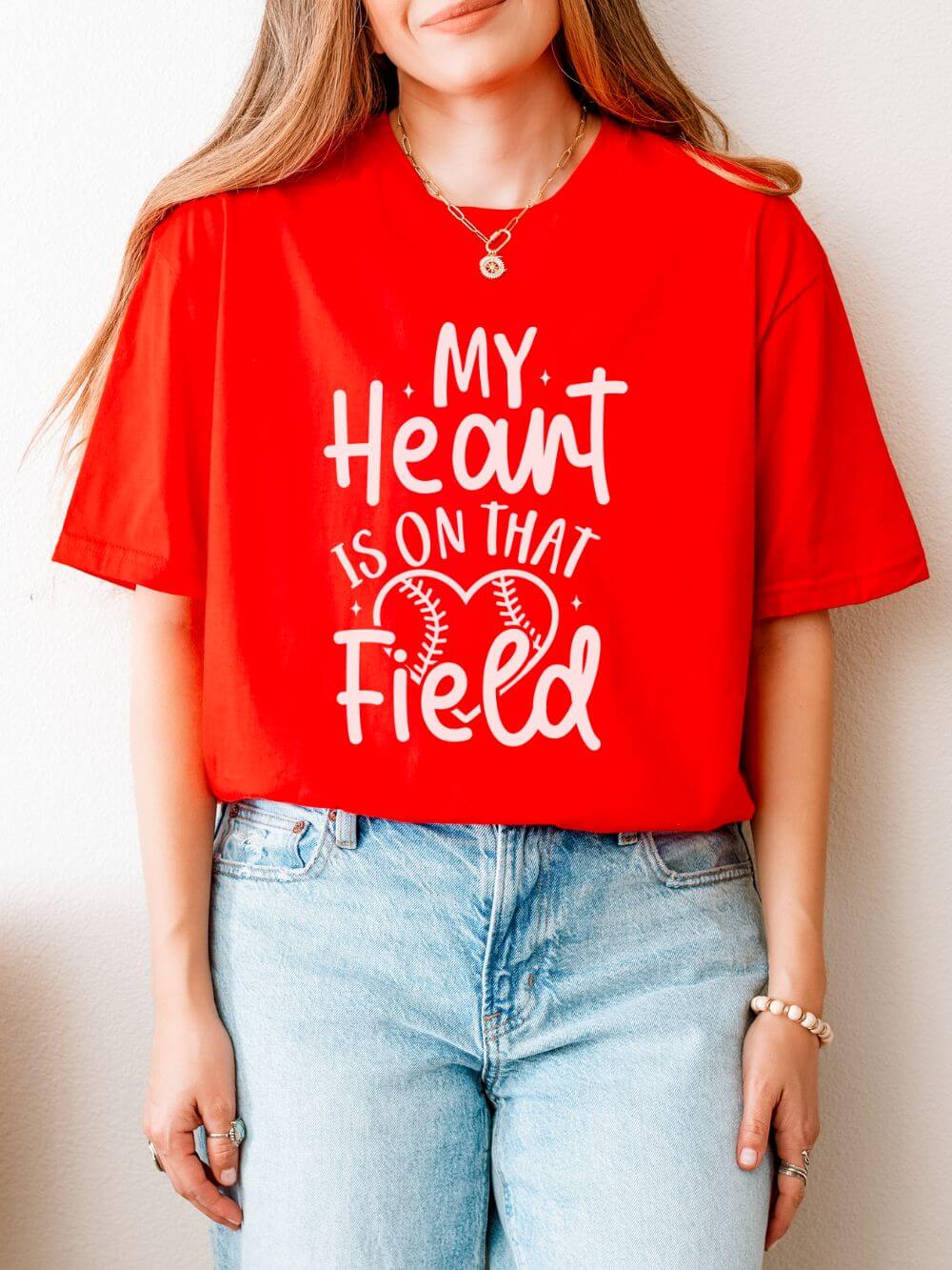 My Heart is On That Field Baseball or Softball Graphic T-Shirt Cute Sports Mom Tee (12 Team Colors)