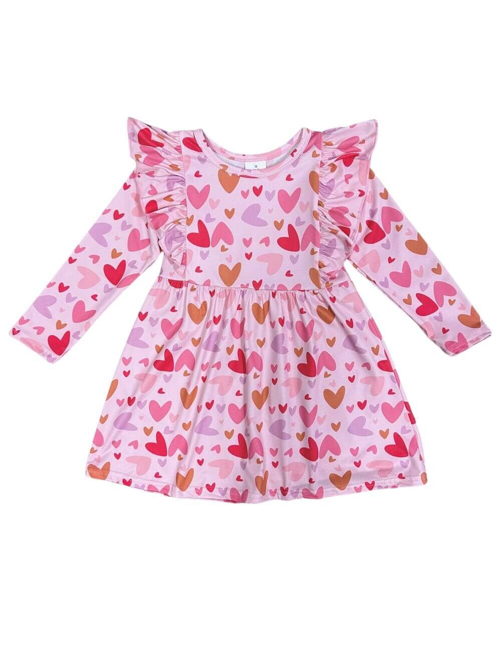 Hearts Aflutter Ruffle Trim Girls Long Sleeve Heart Dress - Sydney So Sweet