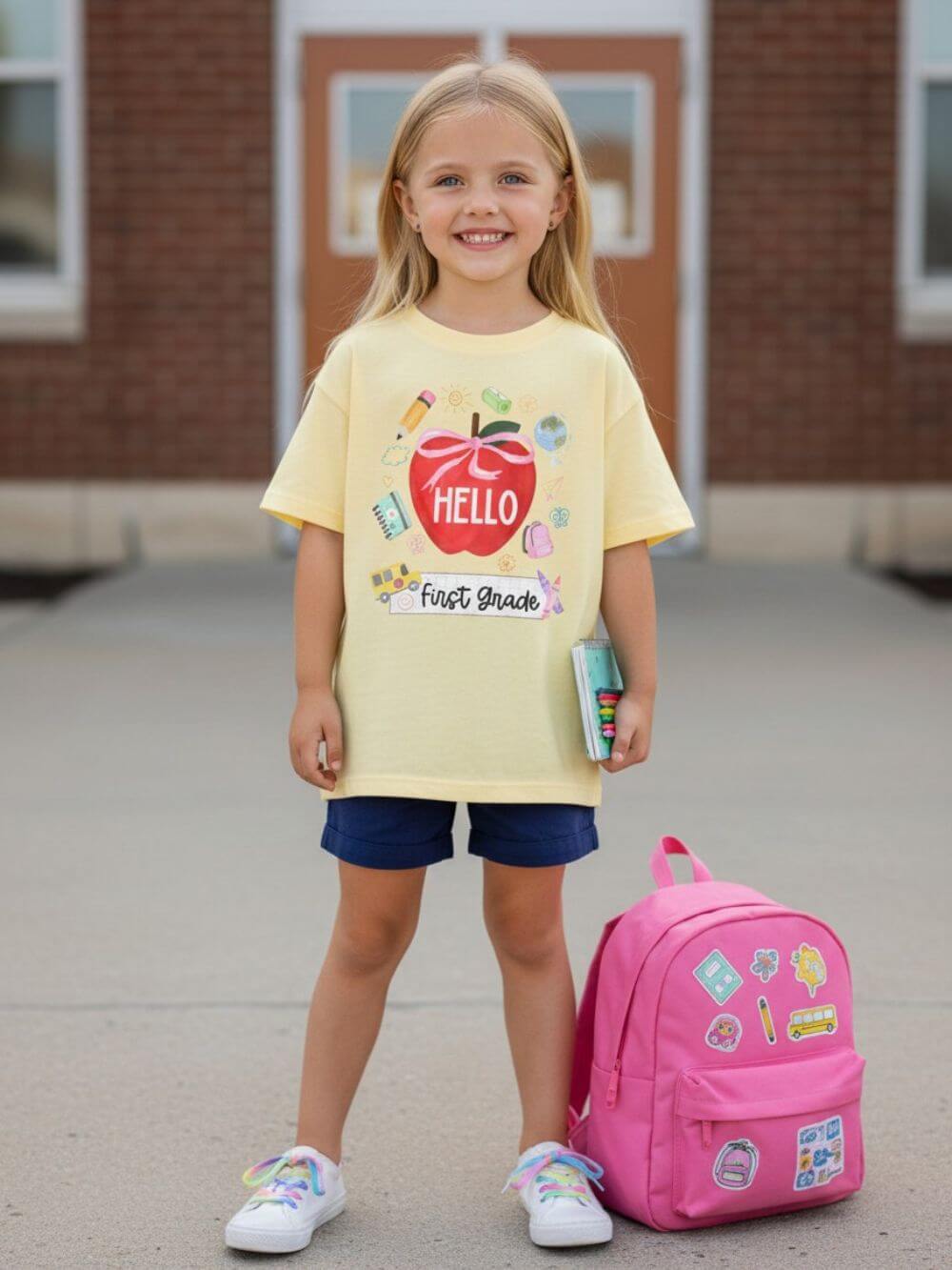 Hello First Grade Preppy Coquette Apple Graphic Tee Back to School 1st Grade T-Shirt