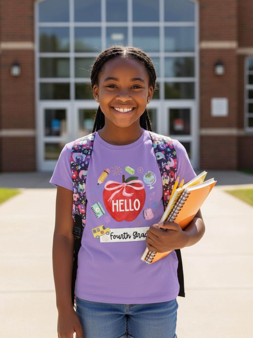 Hello Fourth Grade Preppy Coquette Apple Graphic Tee Back to School 4th Grade T-Shirt