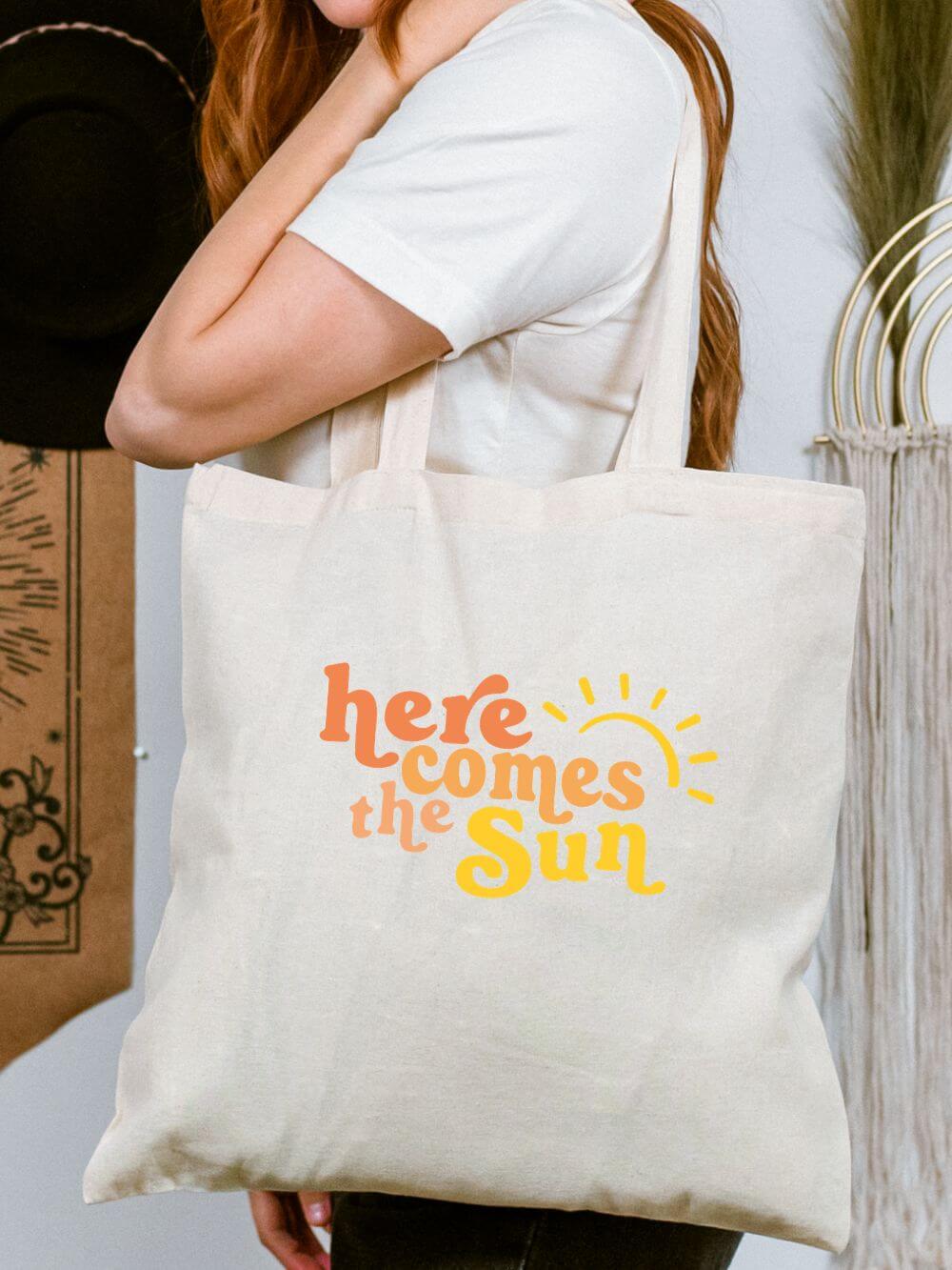 Here Comes the Sun Bright Retro Sun Graphic Cotton Canvas Tote Bag