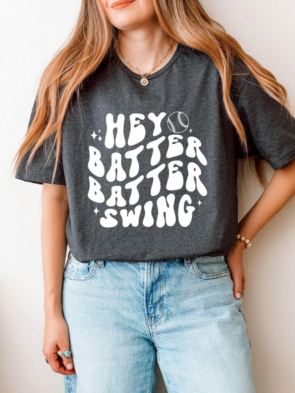 Hey Batter Batter Swing Baseball or Softball Retro Font Graphic T-Shirt Sports Tee (12 Team Colors)