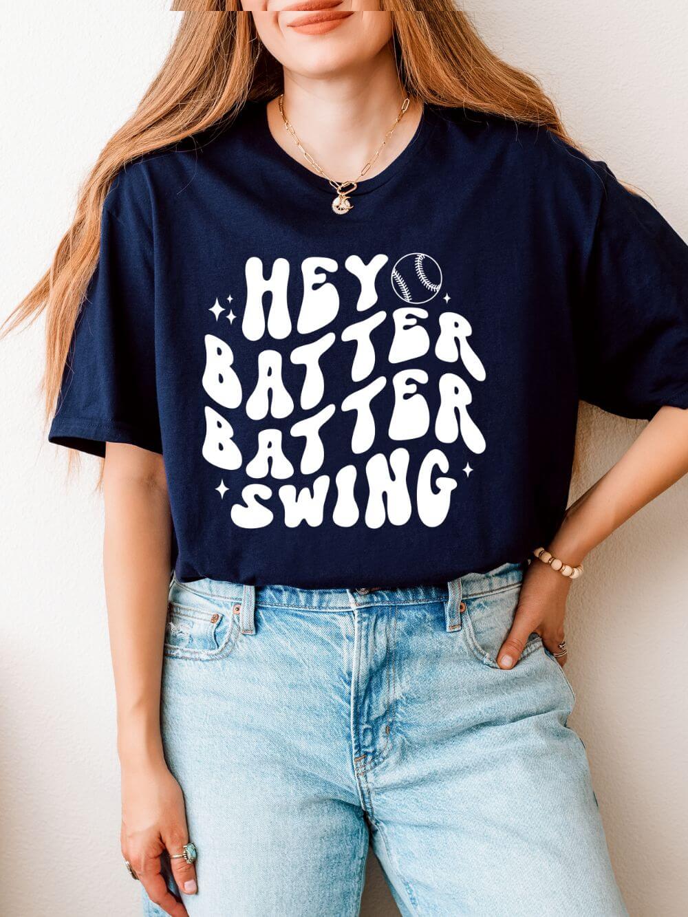 Hey Batter Batter Swing Baseball or Softball Retro Font Graphic T-Shirt Sports Tee (12 Team Colors)