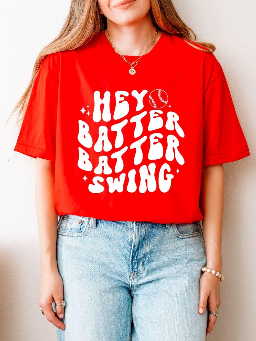 Hey Batter Batter Swing Baseball or Softball Retro Font Graphic T-Shirt Sports Tee (12 Team Colors)