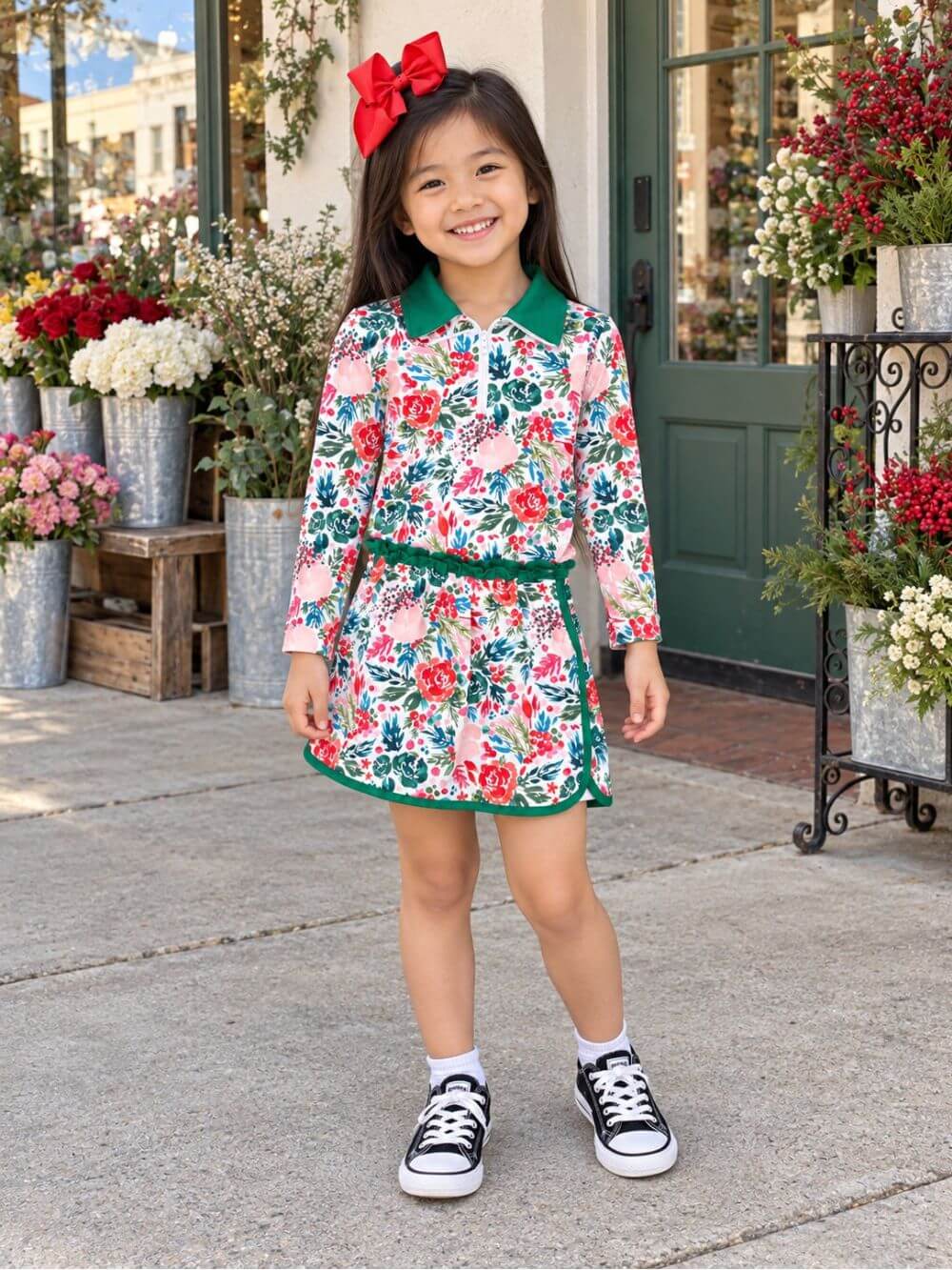 Holiday Floral Girls Quarter Zip Skort Outfit